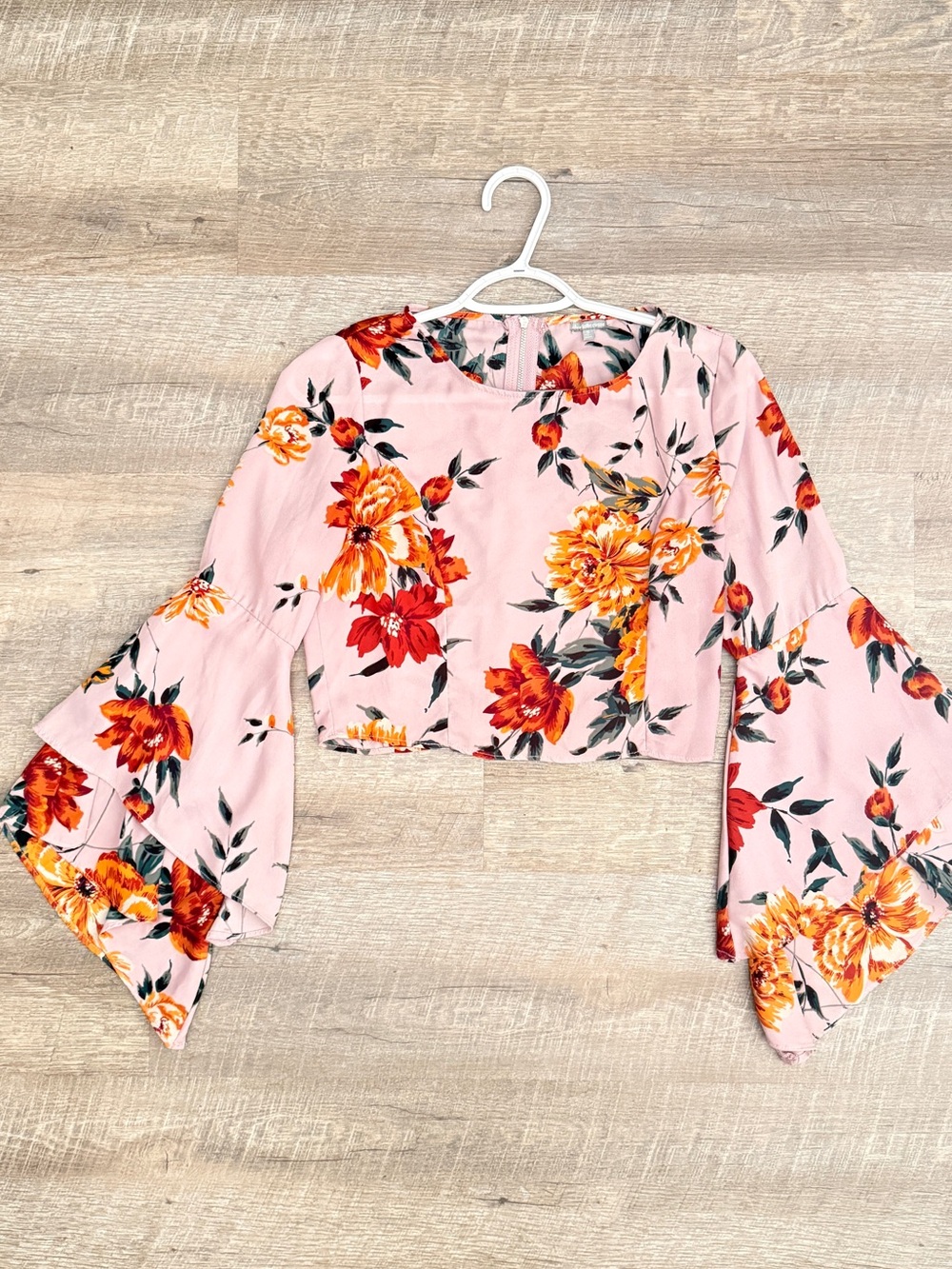Charlotte Russe Pink Floral Bell-Sleeve Cropped Blouse